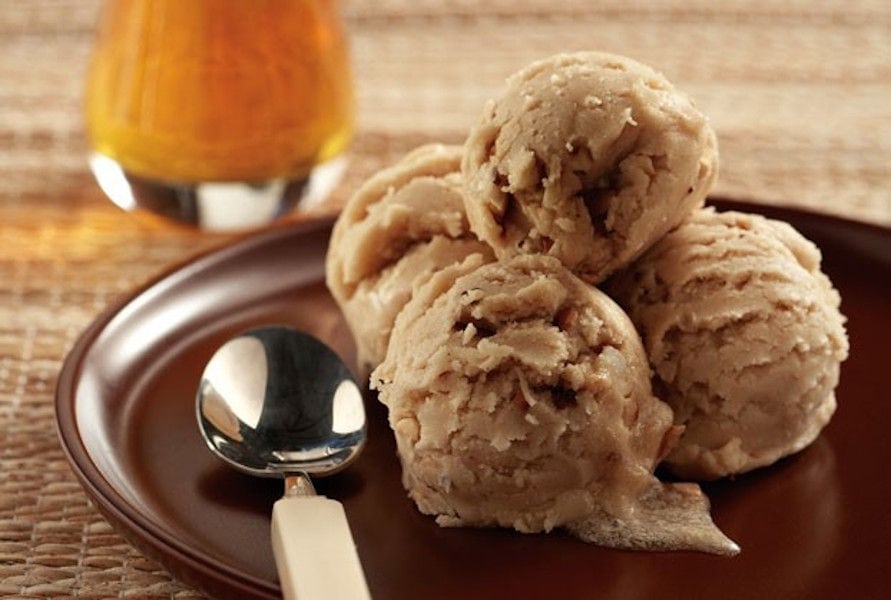 close-up of plate with moca ice cream balls and a teaspoon at 'M. Kosmidis'